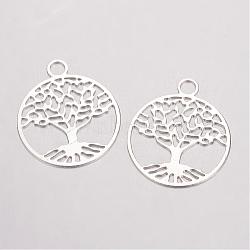 Brass Filigree Pendants, Flat Round with Tree of Life, Silver Color Plated, 23.5x20x0.5mm, Hole: 3mm(KK-D522-09S)