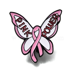 Pink Enamel Brooches, Black Alloy Lapel Pin Backs for Backpack Clothes, Pink Power Butterfly & Ribbon, 29.5x30mm(AL-CBA97E5-02EB-01)
