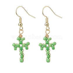 Glass Seed Braided Cross Dangle Earrings, Gold Plated Brass Wire Wrap Jewelry for Women, Lime, 42.5mm, Pin: 0.5mm(EJEW-JE05042)