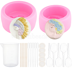 Olycraft DIY 3D Girl Face Fondant Molds Kits, Including Wooden Craft Sticks, Plastic Pipettes, Latex Finger Cots, Plastic Measuring Cup, Plastic Spoons, Hot Pink, 80x36mm, Inner Diameter: 65mm, 1pc(DIY-OC0003-47)