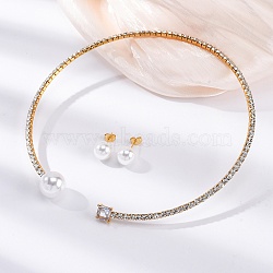 Round Plastic Imitation Pearl Stud Earrings & Cubic Zirconia and Rhinestone Square Cuff Choker Necklaces Sets, 304 Stainless Steel Jewerly Set for Women, Golden, Inner Diameter: 4.43 inch(112.5mm)(SJEW-U003-02G)