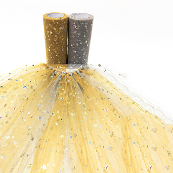 Glitter Sequin Deco Mesh Ribbons, Tulle Fabric, Tulle Roll Spool Fabric For Skirt Making, Moon & Star Pattern, Mixed Color, 6 inch(15cm), about 25yards/roll(22.86m/roll)