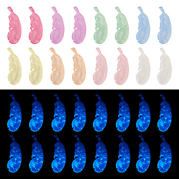 32PCS 8Colors Transparent Luminous Acrylic Pendants, with Glitter Powder, Feather, Mixed Color, 45.5x16x4.5mm, Hole: 3mm, 4pcs/color
