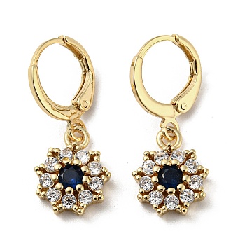 Real 18K Gold Plated Brass Dangle Leverback Earrings, with Cubic Zirconia and Glass, Flower, Dark Blue, 26x10.5mm