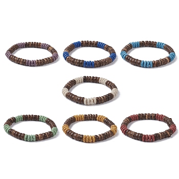 7Pcs 7 Color Dyed Natural Lava Rock & Coconut Disc Beaded Stretch Bracelets Set, Stackable Bracelets, Mixed Color, Inner Diameter: 2-1/8 inch(5.3cm), 1Pc/color
