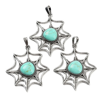 Synthetic Turquoise Spider Web Pendants, Rack Plating Antique Silver Plated Brass Halloween Net Charms, Cadmium Free & Lead Free, 44.5x37.5x7mm, Hole: 7.5x5mm