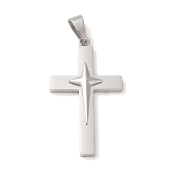 Non-Tarnish 304 Stainless Steel Pendants, Cross with Star Charm, Religion, Stainless Steel Color, 43x25x4.8mm, Hole: 8.5x5.5mm