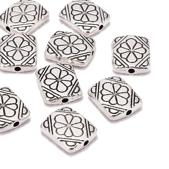 Tibetan Style Alloy Beads, Rectangle with Flower, Antique Silver, Lead Free & Cadmium Free & Nickel Free, 12x10x3mm, Hole: 1.5mm
