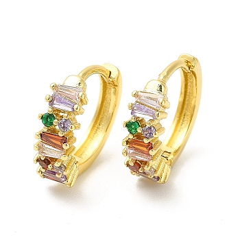Cubic Zirconia Trapezoid Hoop Earrings, Real 18K Gold Plated Brass Jewelry for Women, Cadmium Free & Nickel Free & Lead Free, Colorful, 13x14x2.5~4.5mm, Pin: 1mm