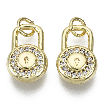 Brass Micro Pave Cubic Zirconia Pendants, Nickel Free, with Jump Rings, Lock, Clear, Real 18K Gold Plated, 16x10x4mm, Jump Ring: 5x0.8mm, inner diameter: 3.5mm