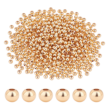Elite Rack 600Pcs Plating Brass Beads, Long-Lasting Plated, Round, Real 14K Gold Plated, 4x3mm, Hole: 1.5mm