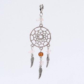 Alloy Pendants, Woven Net/Web with Feather, with Rose Quartz Beads and Brass Lobster Claw Clasps, Antique Silver and Platinum, 85.5mm
