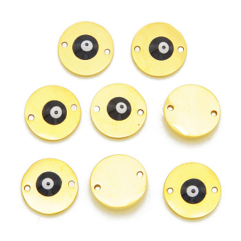 201 Stainless Steel Enamel Links Connectors, Flat Round with Evil Eye, Golden, 14x2.5mm, Hole: 1.4mm