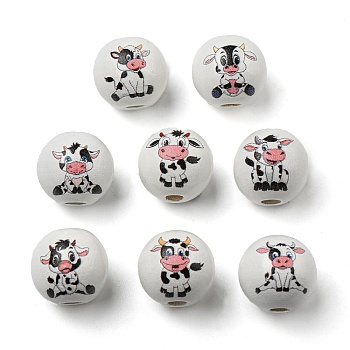 Spray Painted Natural Wood European Beads, Round with Mixed Cow Pattern, White, 16x15mm, Hole: 4mm