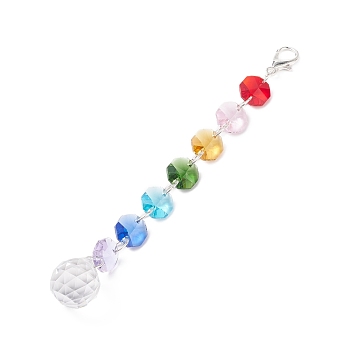 Electroplate Octagon Glass Beaded Pendant Decorations, Suncatchers, Rainbow Maker, with Alloy Lobster Claw Clasps, Clear Faceted Glass Pendants, Round Pattern, 175mm, Pendant: 23.5x21mm