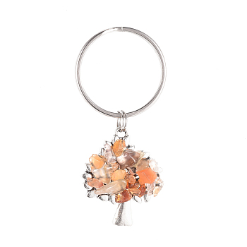 Chip Natural Red Agate/Carnelian Keychain, with Antique Silver Plated Alloy Pendants and 316 Surgical Stainless Steel Split Key Rings, Tree, 55mm