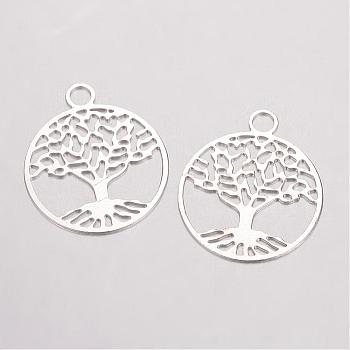 Brass Filigree Pendants, Flat Round with Tree of Life, Silver Color Plated, 23.5x20x0.5mm, Hole: 3mm