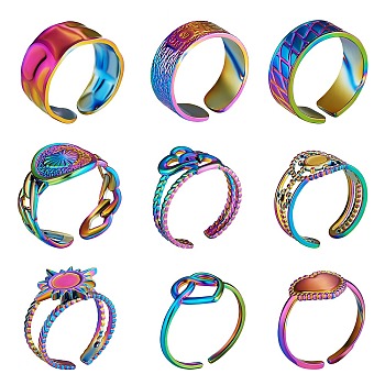 9Pcs 9 Style Rainbow Color 304 Stainless Steel Heart & Star & Word Love Cuff Rings, Open Rings for Women, Inner Diameter: 17.3~19.3mm, 1Pc/style