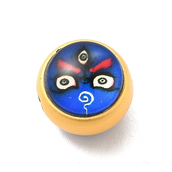 Alloy Enamel Beads, with Glass, Lead Free & Cadmium Free, Mette Gold Color, Round with Face Pattern, Blue, 12.5x11.4mm, Hole: 1.8mm