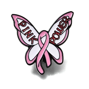 Pink Enamel Brooches, Black Alloy Lapel Pin Backs for Backpack Clothes, Pink Power Butterfly & Ribbon, 29.5x30mm