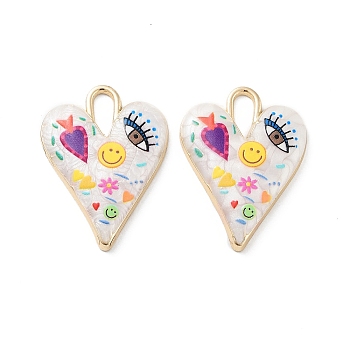 Rack Plating Alloy Enamel Pendants, with Resin, Heart with Evil Eye Charm, Cadmium Free & Nickel Free & Lead Free, Golden, Colorful, 34.5x25.5x4.5mm, Hole: 9x4mm
