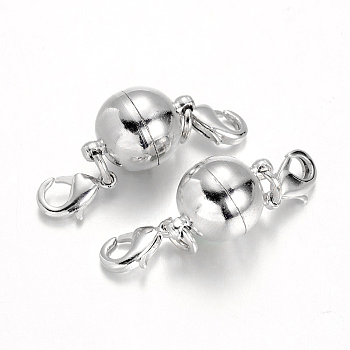 Round Brass Magnetic Clasps Converter, with Lobster Claw Clasps, Lead Free & Nickel Free, Silver, 15x10mm