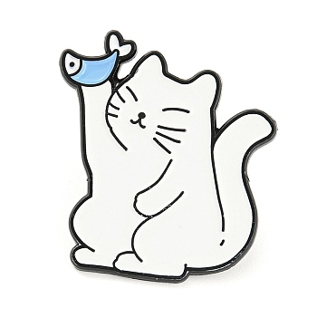 Cartoon Style Enamel Pins, Black Alloy Badge for Backpack Clothes, Cat & Fish, 27.5x25x1mm