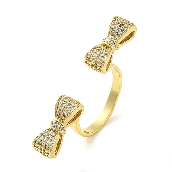 Brass Micro Pave Cubic Zirconia Cuff Rings, Bowknot, Real 16K Gold Plated, US Size 9 3/4(19.5mm)