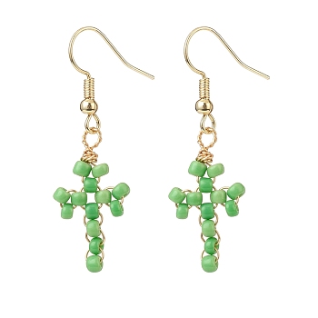 Glass Seed Braided Cross Dangle Earrings, Gold Plated Brass Wire Wrap Jewelry for Women, Lime, 42.5mm, Pin: 0.5mm