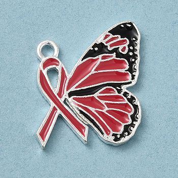 Breast Cancer Pink Awareness Ribbon Theme Alloy Enamel Pendants, Silver, Butterfly, 19.5x16x1.5mm, Hole: 1.5mm