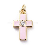 Cubic Zirconia Tiny Cross Charms, Cadmium Free & Lead Free, with Brass Findings and Enamel, Golden, Pink, 15x9x2.5mm, Hole: 1.8mm(KK-G363-03G-01)