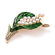 Flower of Life Alloy Brooch with Resin Pearl, Exquisite Rhinestone Lapel Pin for Girl Women, Golden, Green, 53x27x5mm, Pin: 0.8mm(JEWB-O009-18)