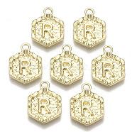 Alloy Pendants, Cadmium Free & Nickel Free & Lead Free, Hexagon with Letter, Real 18K Gold Plated, Letter.R, 17.5x13x2mm, Hole: 2mm(PALLOY-N157-003R-NR)