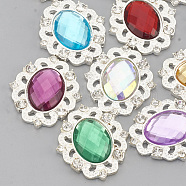 Alloy Acrylic Rhinestone Cabochons, with Rhinestone, Faceted, Oval, Silver Color Plated, Mixed Color, 31x27x5mm(RB-N050-01-24S)