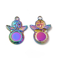 Ion Plating(IP) 304 Stainless Steel Pendant Cabochons Settings, Angel with Flat Round, Rainbow Color, Tray: 8mm, 25x18.5x2.5mm, Hole: 3mm(STAS-A070-40MC)