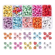 500Pcs 10 Colors Opaque Acrylic Enamel Beads, Horizontal Hole, Heart with Mixed Black Letters, Mixed Color, 7x7x4mm, Hole: 1.5mm, about 50pcs/color(MACR-YW0001-48)