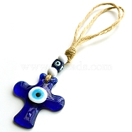 Evil Eye Cross Lampwork Pendant Decorations, with Jute Cord, Medium Blue, 67mm(PW-WG066E4-01)