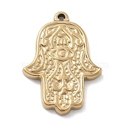 304 Stainless Steel Pendants, Hamsa Hand with Eye Charm, Ion Plating(IP), Real 18K Gold Plated, 23.5x17x2.5mm, Hole: 1.2mm(STAS-Z121-04G)