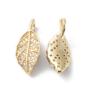 Brass Micro Pave Cubic Zirconia Pendants, Leaf Charm, Light Gold, 21x9x5mm, Hole: 2x4mm(KK-G462-10KCG)