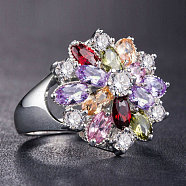 Cubic Zirconia Flower Finger Ring, Colorful, US Size 7(17.3mm)(PW-WG24646-02)