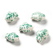 Handmade Printed Porcelain Beads, Fish, Green, 14.5~15x11.5~12x7~7.5mm, Hole: 1.6mm(PORC-F005-03F)