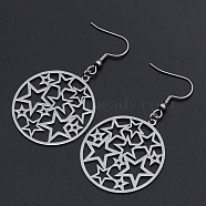 201 Stainless Steel Dangle Earrings, Ring with Star, Stainless Steel Color, 54mm, Pin: 0.6mm(STAS-S105-JN608-1)