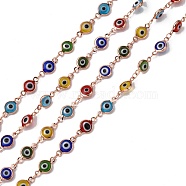 Handmade Flat Round Brass Lampwork Evil Eye Beaded Chains, Unwelded, with Spool, Rose Gold, 13x7x2mm, about 16.4 Feet(5m)/roll(CHC-P002-01RG)