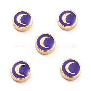 Brass Enamel Beads, Real 18K Gold Plated, Long-Lasting Plated, Cadmium Free & Lead Free, Flat Round with Moon Pattern, Indigo, 10x3.5mm, Hole: 1.6mm(KK-D068-01G-06-RS)
