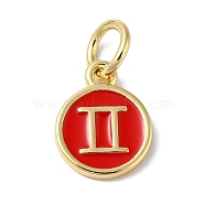 Real 18K Gold Plated Brass Enamel Charms, with Jump Ring, Long-Lasting Plated, Lead Free & Cadmium Free, Flat Round with Gemini Charms, Red, 10x8x1mm, Hole: 4mm(KK-L216-001G-I03)