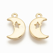Brass Charms, Moon, Nickel Free, Real 18K Gold Plated, 12x8x1mm, Hole: 1mm(KK-T020-101G)