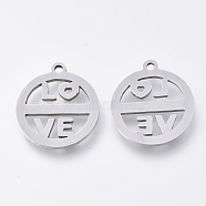 201 Stainless Steel Pendants, Laser Cut Pendants, Flat Round with LOVE, Stainless Steel Color, 17x15x1mm, Hole: 1.2mm(STAS-S110-025P)