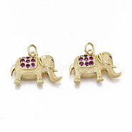 Brass Micro Pave OldRose Cubic Zirconia Charms, with Jump Rings, Nickel Free, Elephant Shape, Real 16K Gold Plated, 13.5x20x3.5mm, Jump Ring: 5x0.8mm, 3.4mm inner diameter(ZIRC-S067-173-NF)