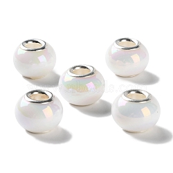 Opaque Brass Cores Acrylic European Beads, Round, Large Hole Bead, Silver, White, 14x10mm, Hole: 5mm(OACR-M024-04S-12)