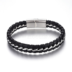Leather Cord Bracelets, with 304 Stainless Steel Magnetic Clasps, Black, Stainless Steel Color, 9 inch(22.8cm), 11.5mm(BJEW-E352-35P)